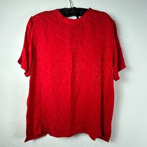 Vintage Stunt Collections Womens Red Jacquard Floral Silk Blouse Top Size Large